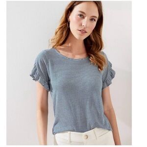 LOFT Navy and White Striped Ruffle Sleeve Tee